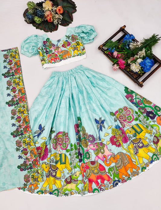 Festive Printed Lehenga Set for Kids – Elephant & Nature Motif