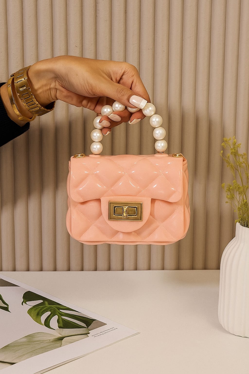Quilted Jelly Mini Bag with Pearl Handle