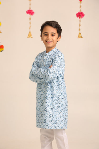 Boys' Printed Cotton Kurta with White Pajama Set
