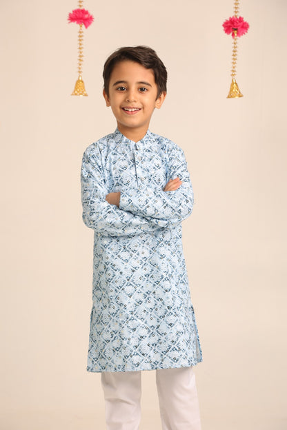 Boys' Printed Cotton Kurta with White Pajama Set