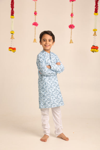 Boys' Printed Cotton Kurta with White Pajama Set