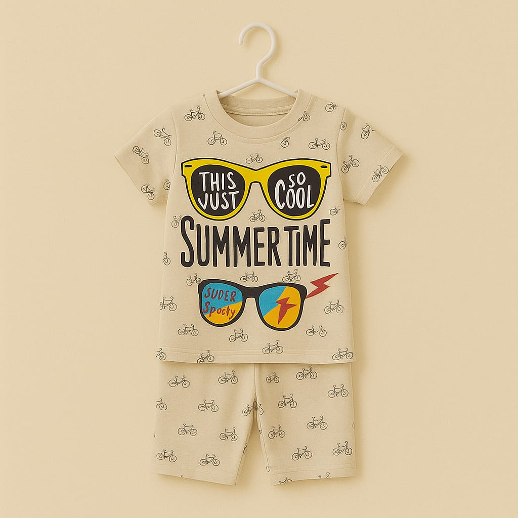 “Summertime Vibes” Cool Sunglasses & Bicycle Print Cotton Nightwear Set