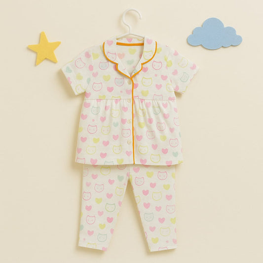 Multicolor Heart & Bear Print Night Suit for Baby Girls