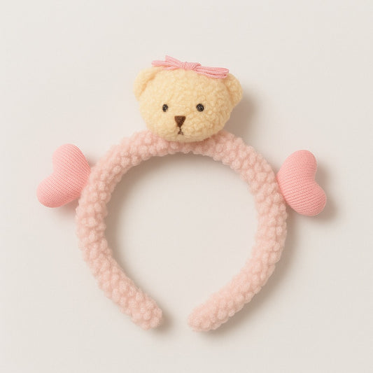 Pink Plush Teddy Bear Headband with Heart Accents – Soft & Stylish for Kids