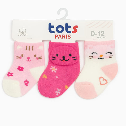 Baby Girls' Cat-Themed Socks Set (0–12 Months, Pack of 3)