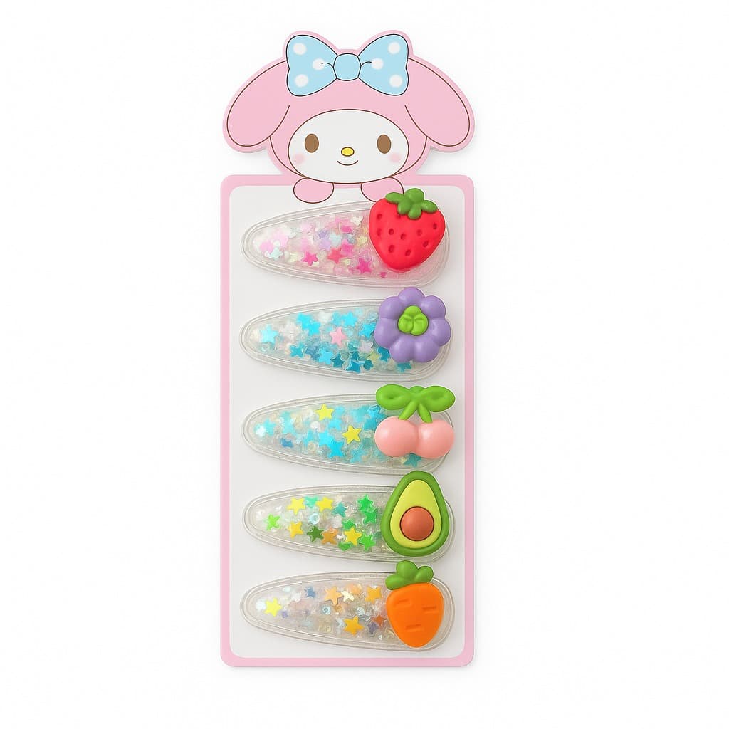 Set of 5 Glitter Star Snap Hair Clips with Fruit & Flower Charms