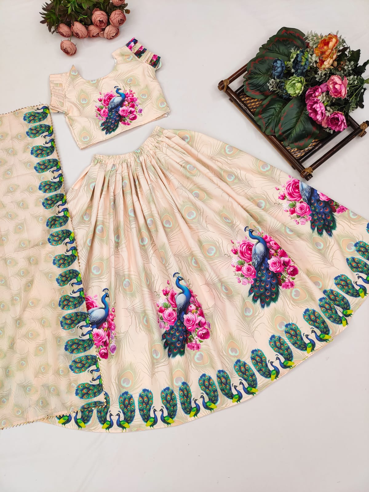 Elegant Peacock Print Lehenga Set for Kids – Floral Motifs