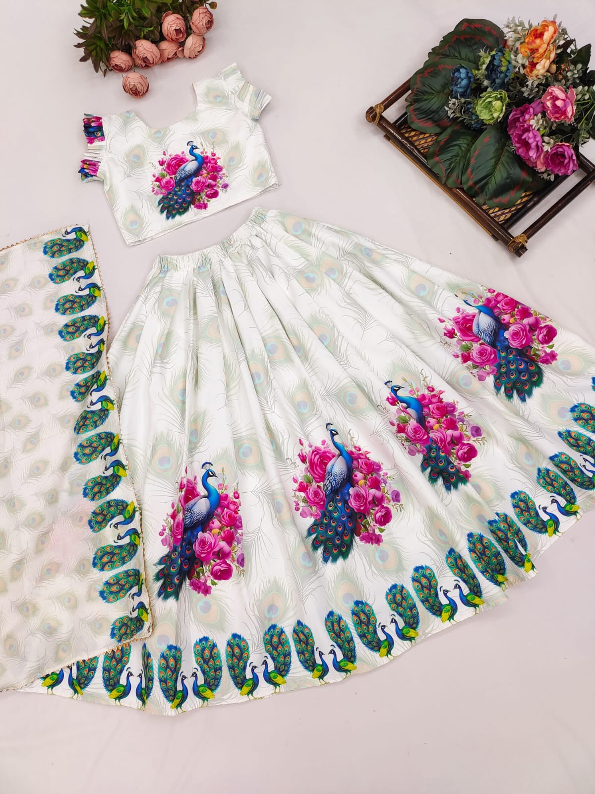 Elegant Peacock Print Lehenga Set for Kids – Floral Motifs