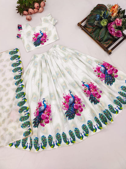 Elegant Peacock Print Lehenga Set for Kids – Floral Motifs