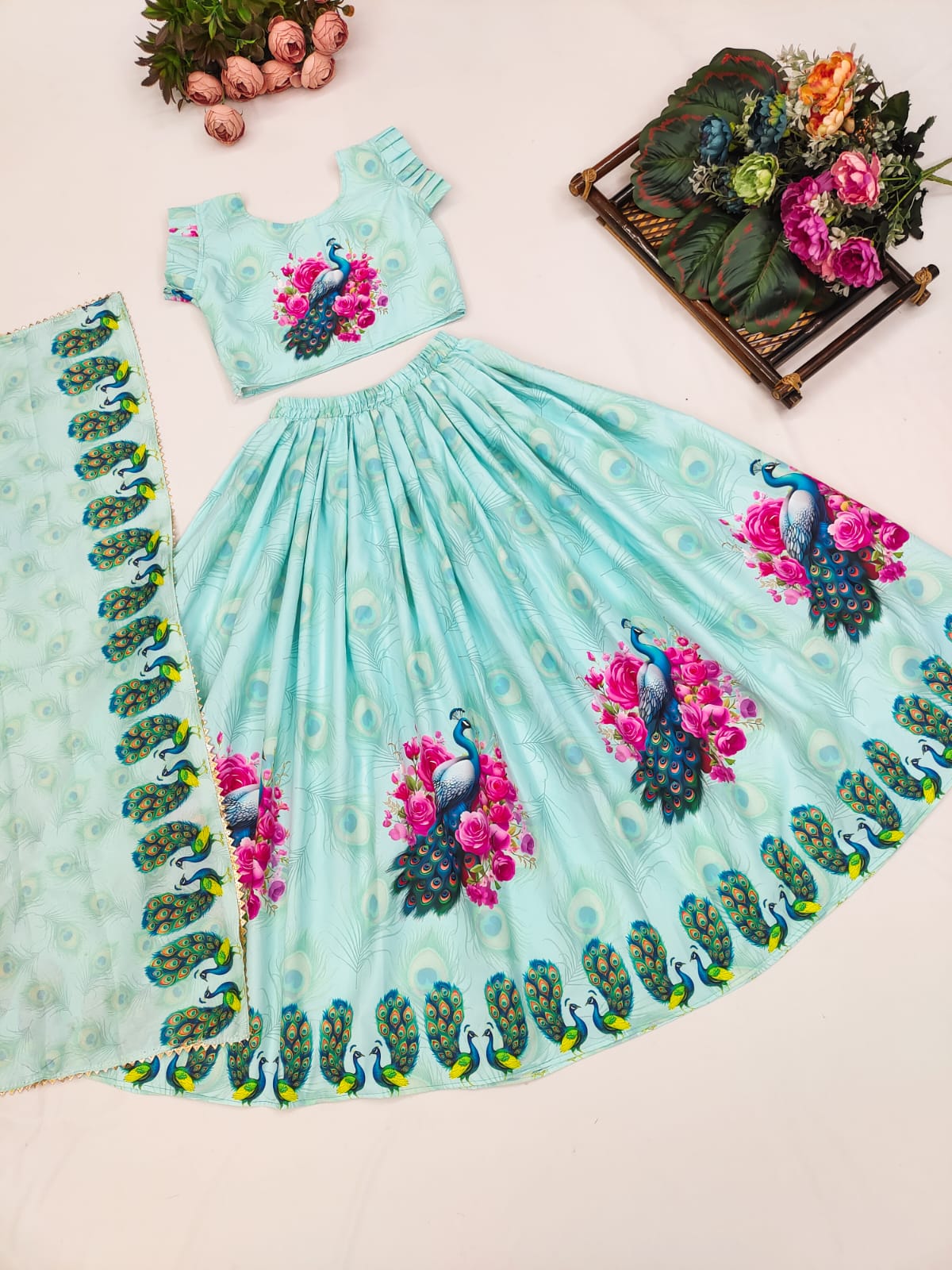 Elegant Peacock Print Lehenga Set for Kids – Floral Motifs