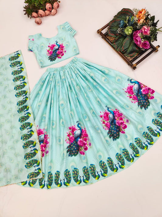 Elegant Peacock Print Lehenga Set for Kids – Floral Motifs