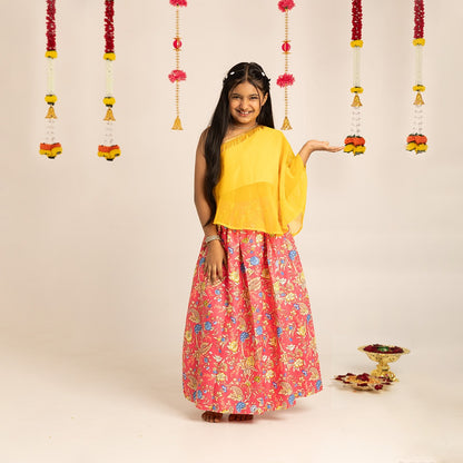 Yellow One-Shoulder Top with Pink Floral Skirt