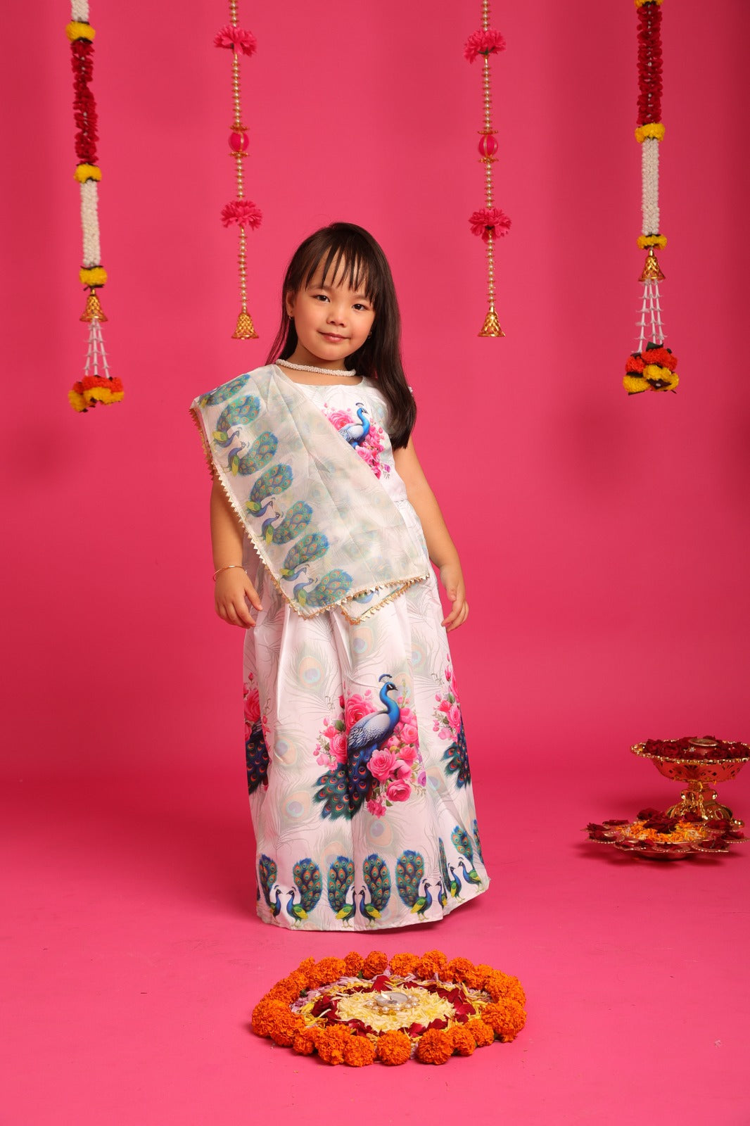 Elegant Peacock Print Lehenga Set for Kids – Floral Motifs