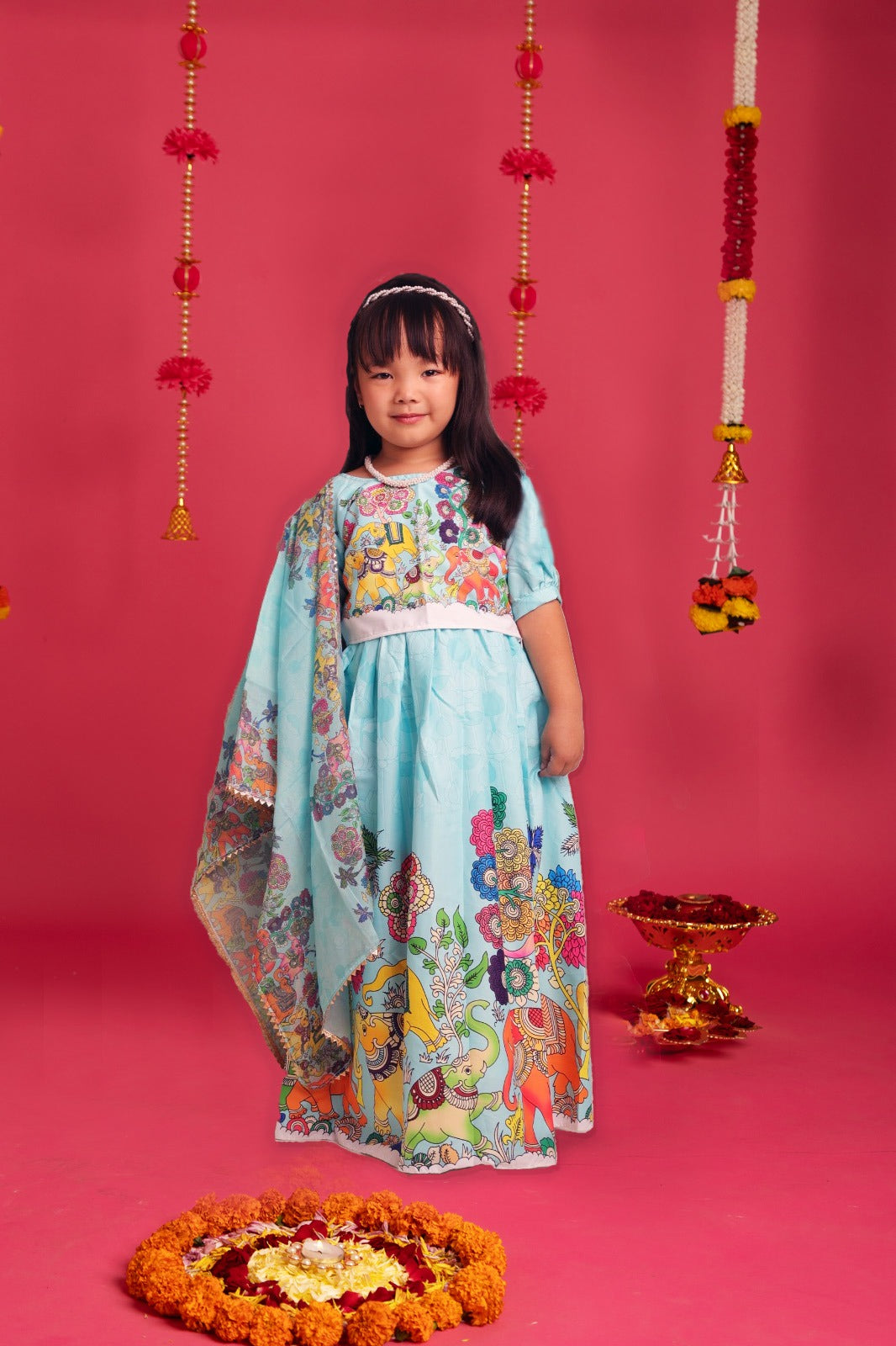Festive Printed Lehenga Set for Kids – Elephant & Nature Motif