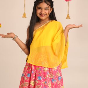 Yellow One-Shoulder Top with Pink Floral Skirt