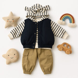 Striped Hoodie & Vest Outfit Set with Cargo Pants