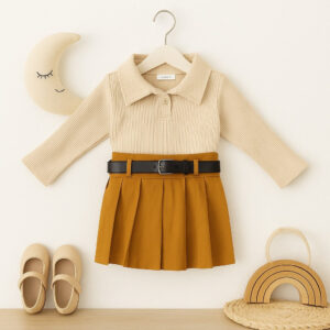 Chic Pleated Skirt Set with Ribbed Collar Top & Belt
