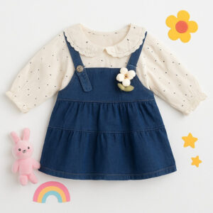 Girls’ Denim Dungaree Dress Set with Polka Dot Blouse