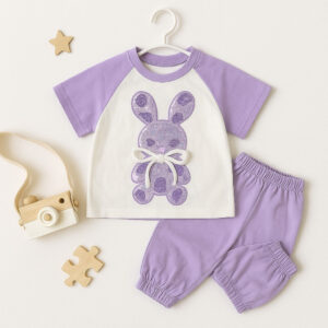 Cute Purple Bunny Print T-Shirt and Jogger Set