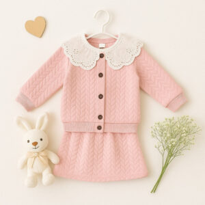 Elegant Pink Knit Dress Set with Lace Collar