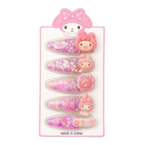 Set of 5 Pink Glitter Snap Clips with My Melody-Inspired Charms