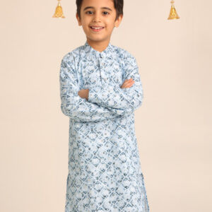 Boys' Printed Cotton Kurta with White Pajama Set
