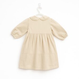 Girls' Beige Cotton Dress with Embroidered Peter Pan Collar