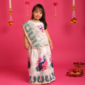 Elegant Peacock Print Lehenga Set for Kids – Floral Motifs
