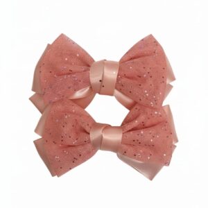 Pink Glitter Mesh & Satin Layered Bow Hair Clips (Set of 2)