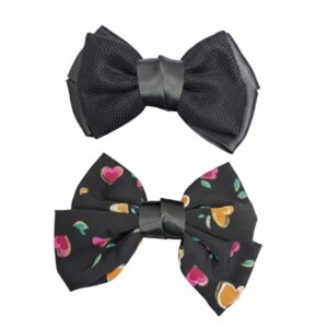 Black Textured Mesh & Heart Print Bow Hair Clips (Set of 2)