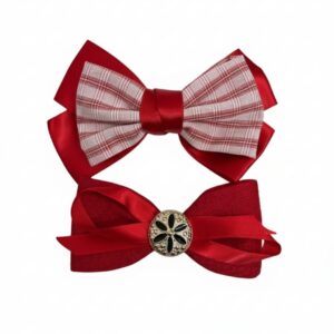 Red Layered Ribbon Bow Hair Clips with Floral Centerpiece (Set of 2)